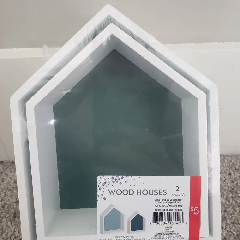 White Wood Decorative Houses, 2ct Blue & Green